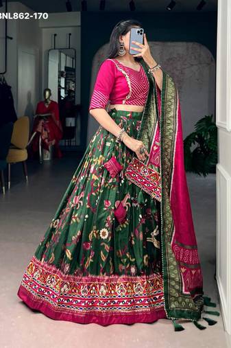 Green Silk Blend Printed Festive Party Wear Lehenga Choli Set