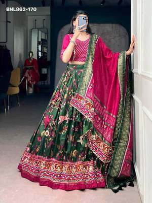 Green Silk Blend Printed Festive Party Wear Lehenga Choli Set 2