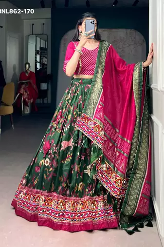 Green Silk Blend Printed Festive Party Wear Lehenga Choli Set