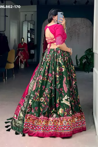 Green Silk Blend Printed Festive Party Wear Lehenga Choli Set