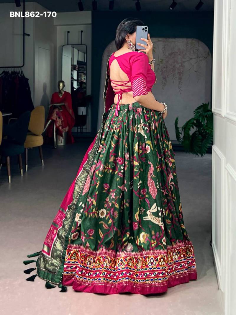 Green Silk Blend Printed Festive Party Wear Lehenga Choli Set