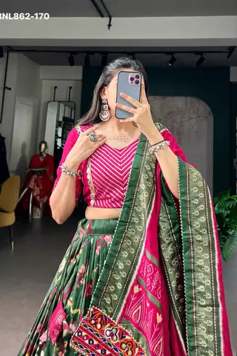 Green Silk Blend Printed Festive Party Wear Lehenga Choli Set