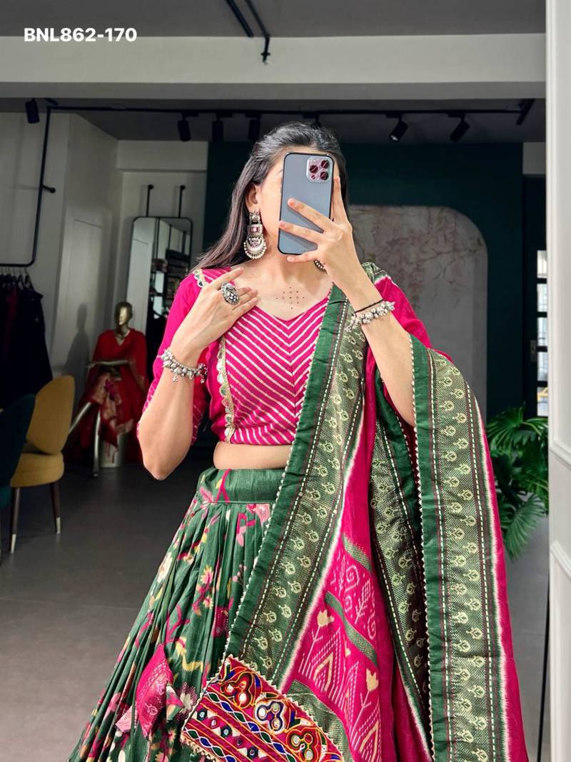 Green Silk Blend Printed Festive Party Wear Lehenga Choli Set