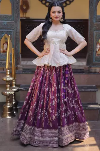 Purple Viscose Embroidered Traditional Party Wear Lehenga Choli Set