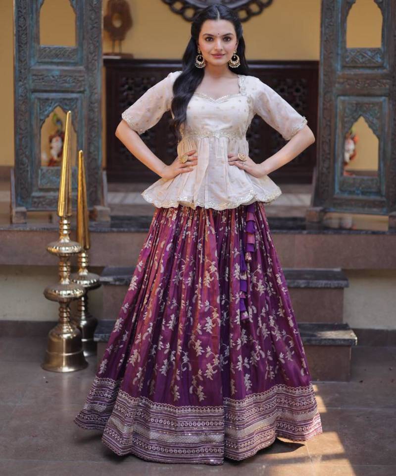 Purple Viscose Embroidered Traditional Party Wear Lehenga Choli Set