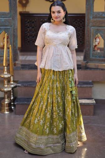 Parrot Green Viscose Embroidered Festive Sangeet Lehenga Choli Set