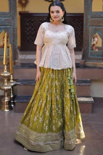 Parrot Green Viscose Embroidered Festive Sangeet Lehenga Choli Set