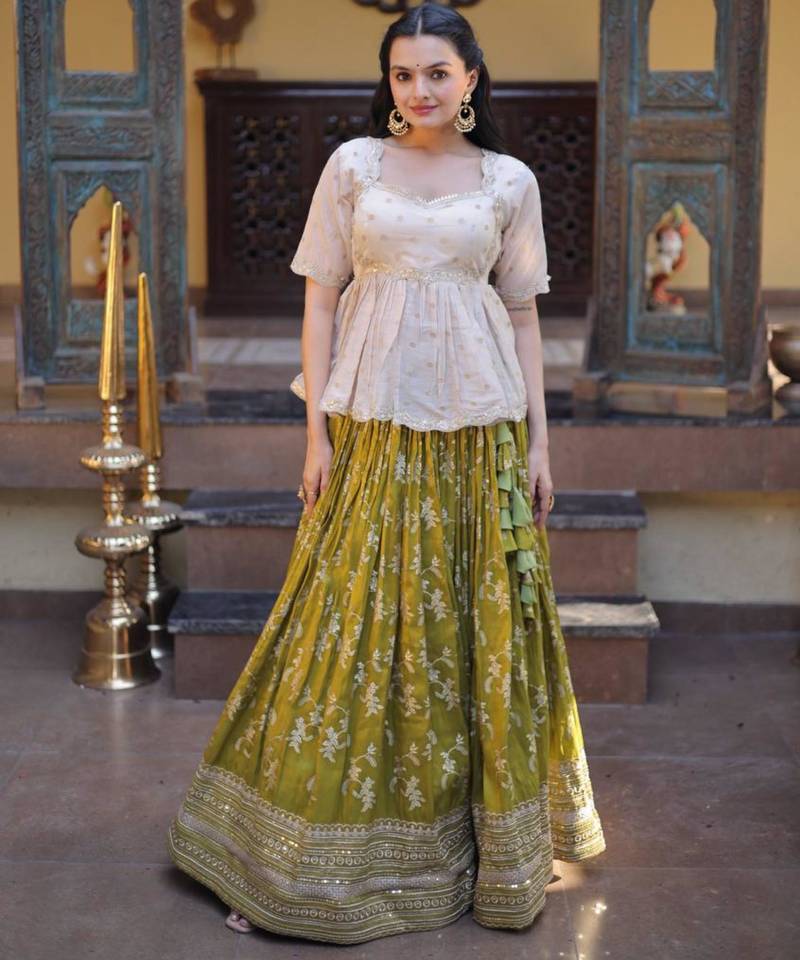 Parrot Green Viscose Embroidered Festive Sangeet Lehenga Choli Set