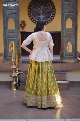 Parrot Green Viscose Embroidered Festive Sangeet Lehenga Choli Set