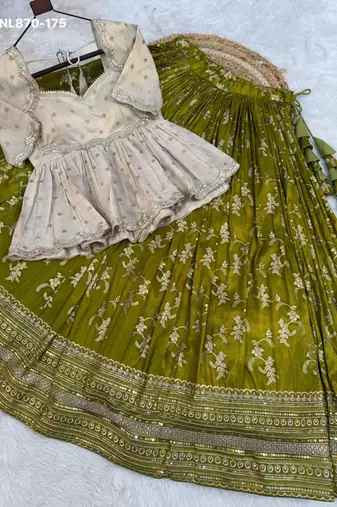 Parrot Green Viscose Embroidered Festive Sangeet Lehenga Choli Set