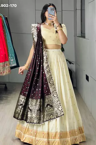 Off-White Silk Blend Woven Traditional Wedding Lehenga Choli Set