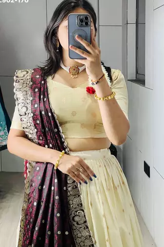 Off-White Silk Blend Woven Traditional Wedding Lehenga Choli Set