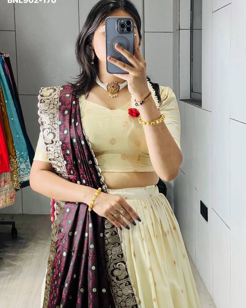Off-White Silk Blend Woven Traditional Wedding Lehenga Choli Set