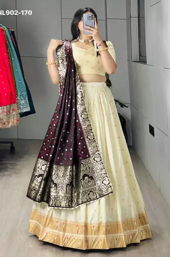 Off-White Silk Blend Woven Traditional Wedding Lehenga Choli Set