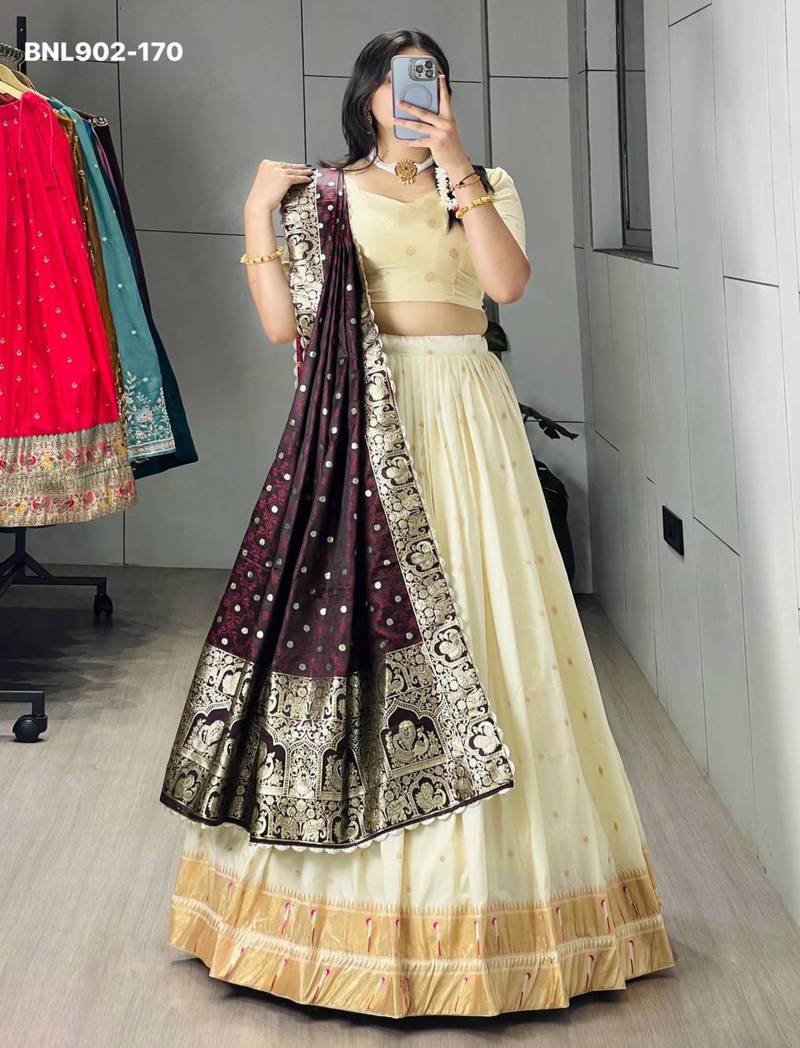 Off-White Silk Blend Woven Traditional Wedding Lehenga Choli Set