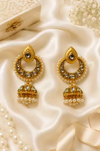 Gold Meenakari Premium Kundan Jhumka