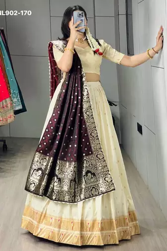Off-White Silk Blend Woven Traditional Wedding Lehenga Choli Set