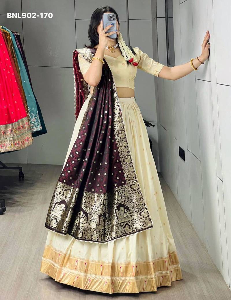 Off-White Silk Blend Woven Traditional Wedding Lehenga Choli Set