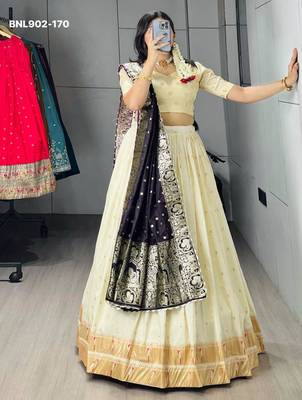 Off-White Silk Blend Woven Traditional Wedding Lehenga Choli Set 1
