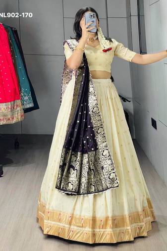 Off-White Silk Blend Woven Traditional Wedding Lehenga Choli Set