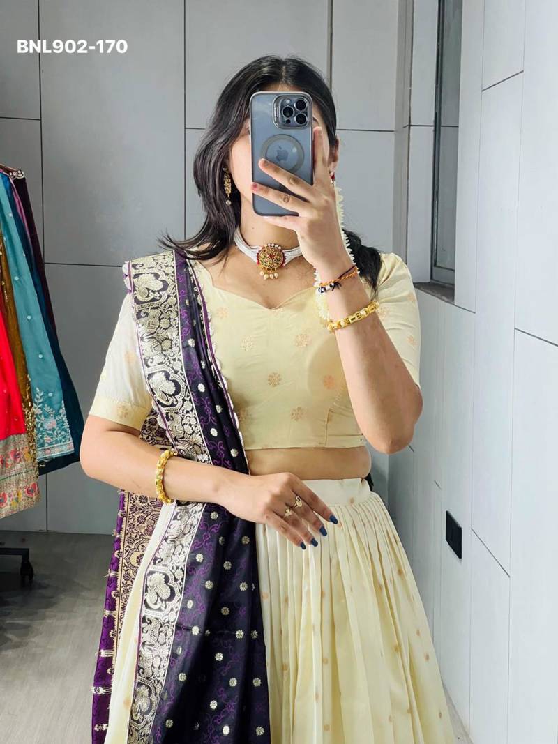 Off-White Silk Blend Woven Traditional Wedding Lehenga Choli Set