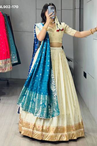 Off-White Silk Blend Woven Festive Sangeet Lehenga Choli Set