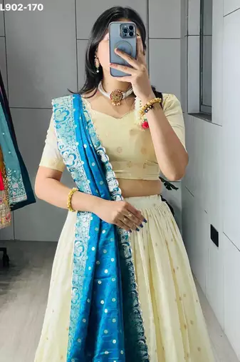 Off-White Silk Blend Woven Festive Sangeet Lehenga Choli Set
