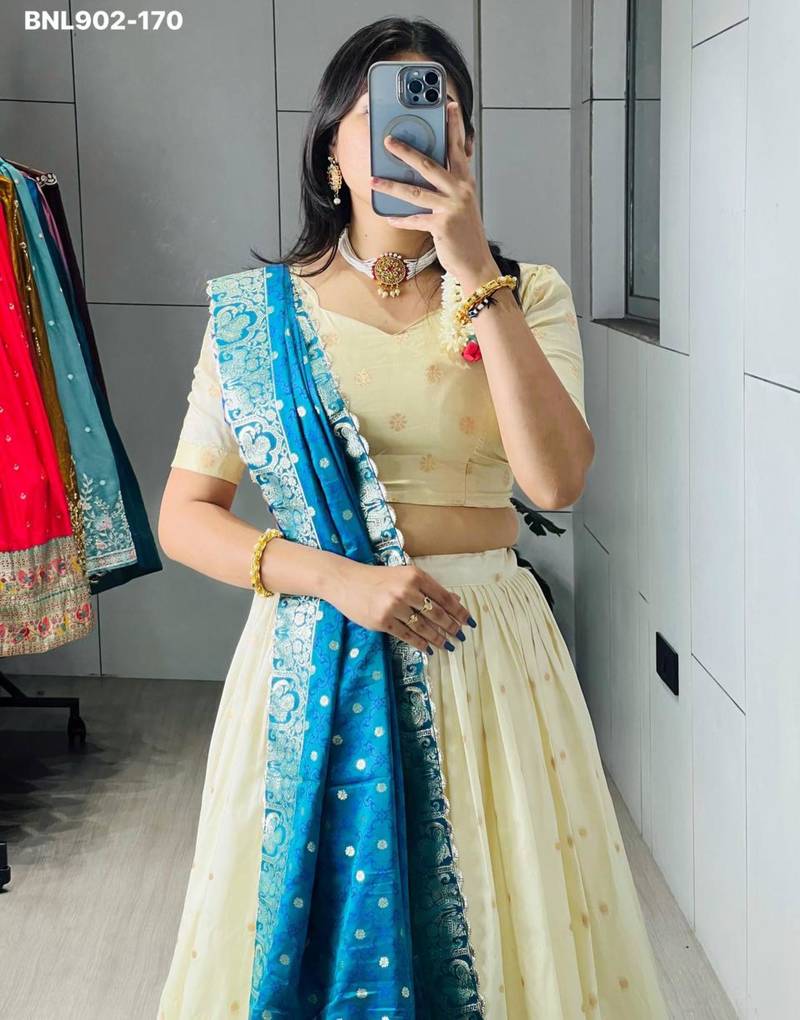 Off-White Silk Blend Woven Festive Sangeet Lehenga Choli Set