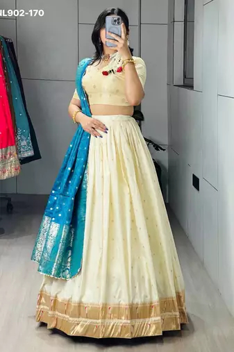 Off-White Silk Blend Woven Festive Sangeet Lehenga Choli Set