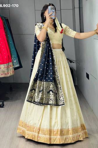 Off-White Silk Blend Woven Designer Party Wear Lehenga Choli Set