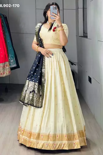 Off-White Silk Blend Woven Designer Party Wear Lehenga Choli Set