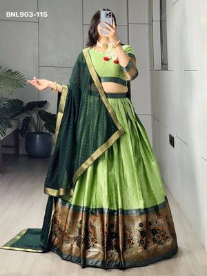 Parrot Green Silk Blend Printed Kalamkari Festive Lehenga Choli Set 1