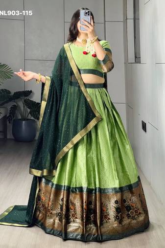 Parrot Green Silk Blend Printed Kalamkari Festive Lehenga Choli Set