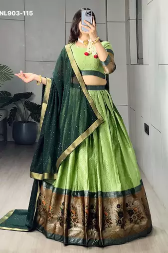 Parrot Green Silk Blend Printed Kalamkari Festive Lehenga Choli Set