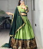Parrot Green Silk Blend Printed Kalamkari Festive Lehenga Choli Set