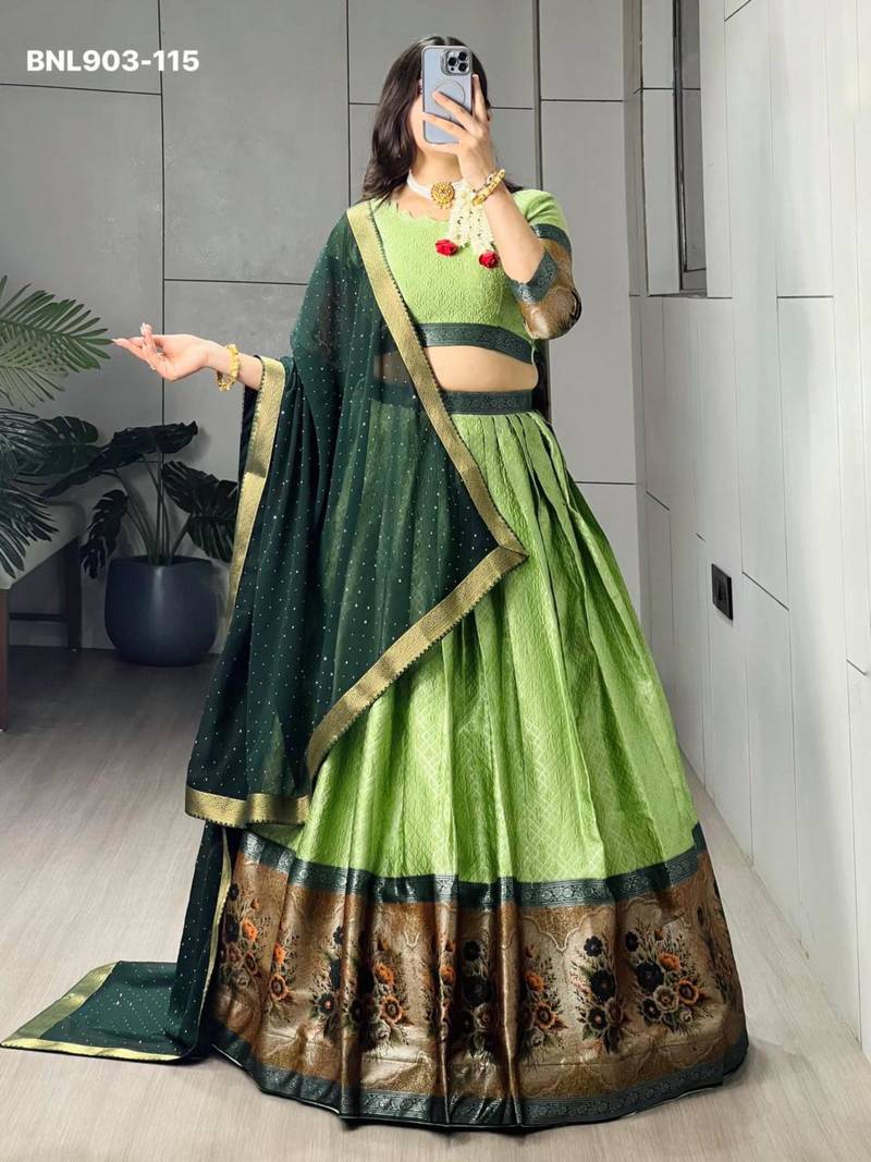 Parrot Green Silk Blend Printed Kalamkari Festive Lehenga Choli Set