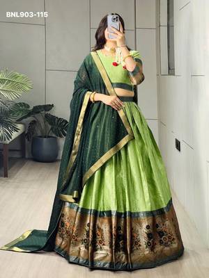 Parrot Green Silk Blend Printed Kalamkari Festive Lehenga Choli Set 2