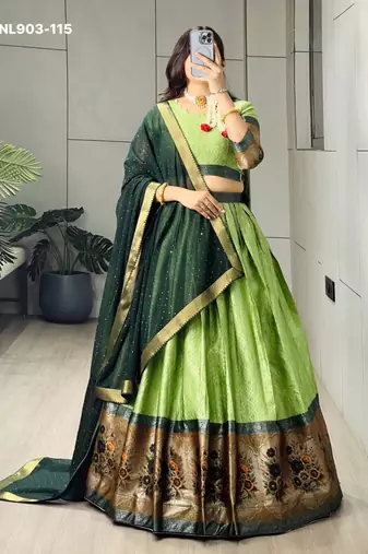 Parrot Green Silk Blend Printed Kalamkari Festive Lehenga Choli Set