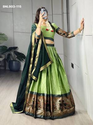 Parrot Green Silk Blend Printed Kalamkari Festive Lehenga Choli Set 3