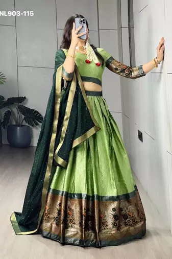 Parrot Green Silk Blend Printed Kalamkari Festive Lehenga Choli Set