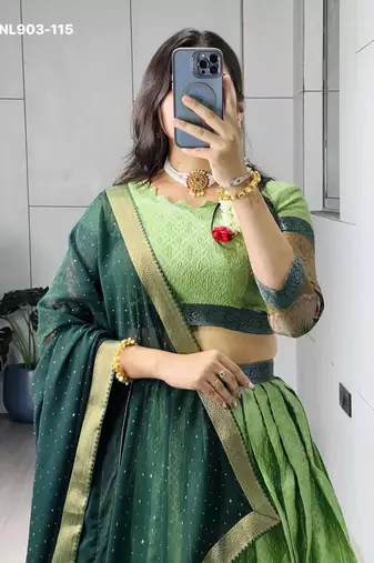 Parrot Green Silk Blend Printed Kalamkari Festive Lehenga Choli Set