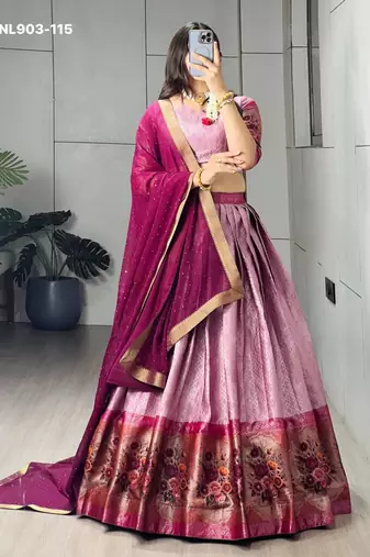 Pink Silk Blend Printed Kalamkari Traditional Sangeet Lehenga Choli Set