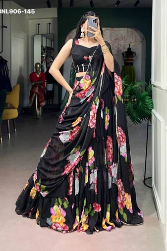Black Chiffon Printed Floral Party Wear Sangeet Lehenga Choli Set