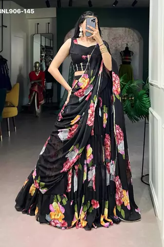 Black Chiffon Printed Floral Party Wear Sangeet Lehenga Choli Set