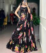 Black Chiffon Printed Floral Party Wear Sangeet Lehenga Choli Set