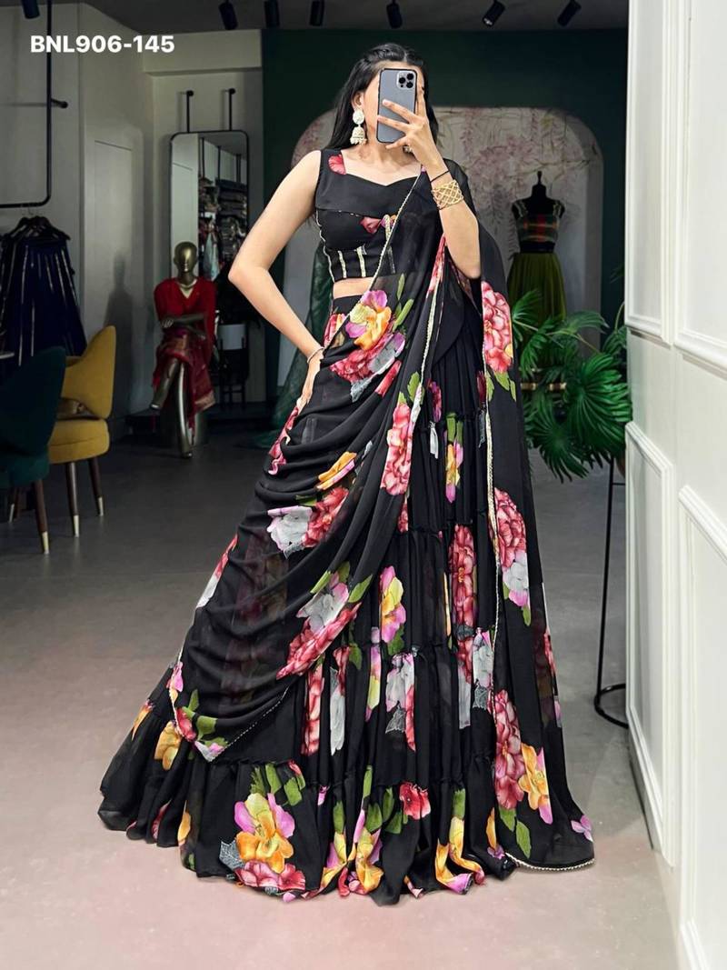 Black Chiffon Printed Floral Party Wear Sangeet Lehenga Choli Set