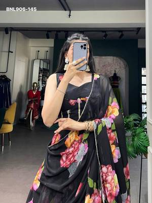 Black Chiffon Printed Floral Party Wear Sangeet Lehenga Choli Set 2