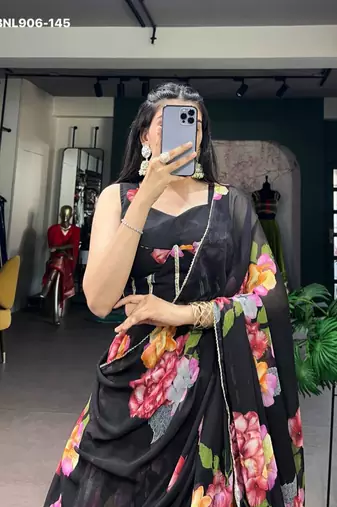 Black Chiffon Printed Floral Party Wear Sangeet Lehenga Choli Set