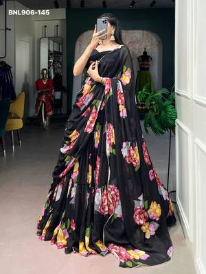 Black Chiffon Printed Floral Party Wear Sangeet Lehenga Choli Set 3