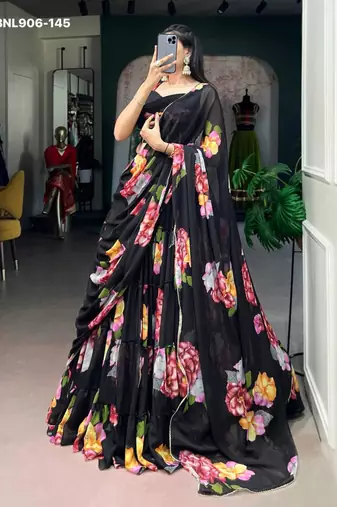 Black Chiffon Printed Floral Party Wear Sangeet Lehenga Choli Set